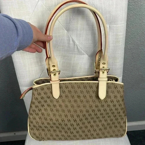 Vintage Dooney & Bourke Buckle Satchel Tote Bag Purse DB Signature Leather Trim - Picture 3 of 16